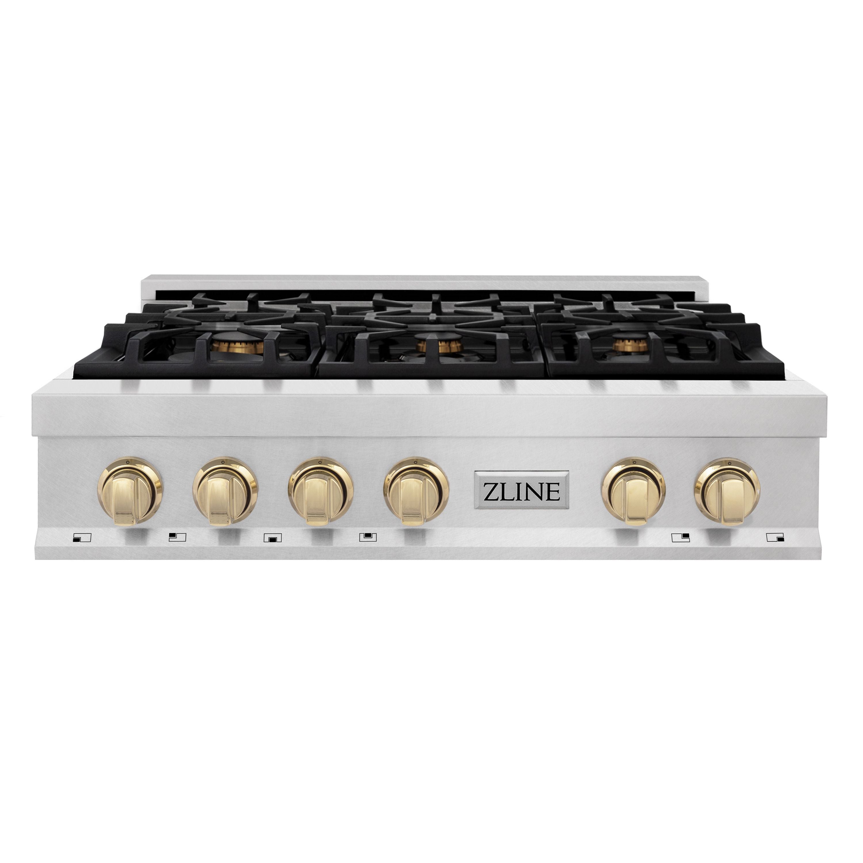 ZLINE Autograph 36" Legacy Gas Rangetop with 6 Burners and Porcelain Cooktop in Satin Stainless Steel with Polished Gold Accents, RTSZ-36-G