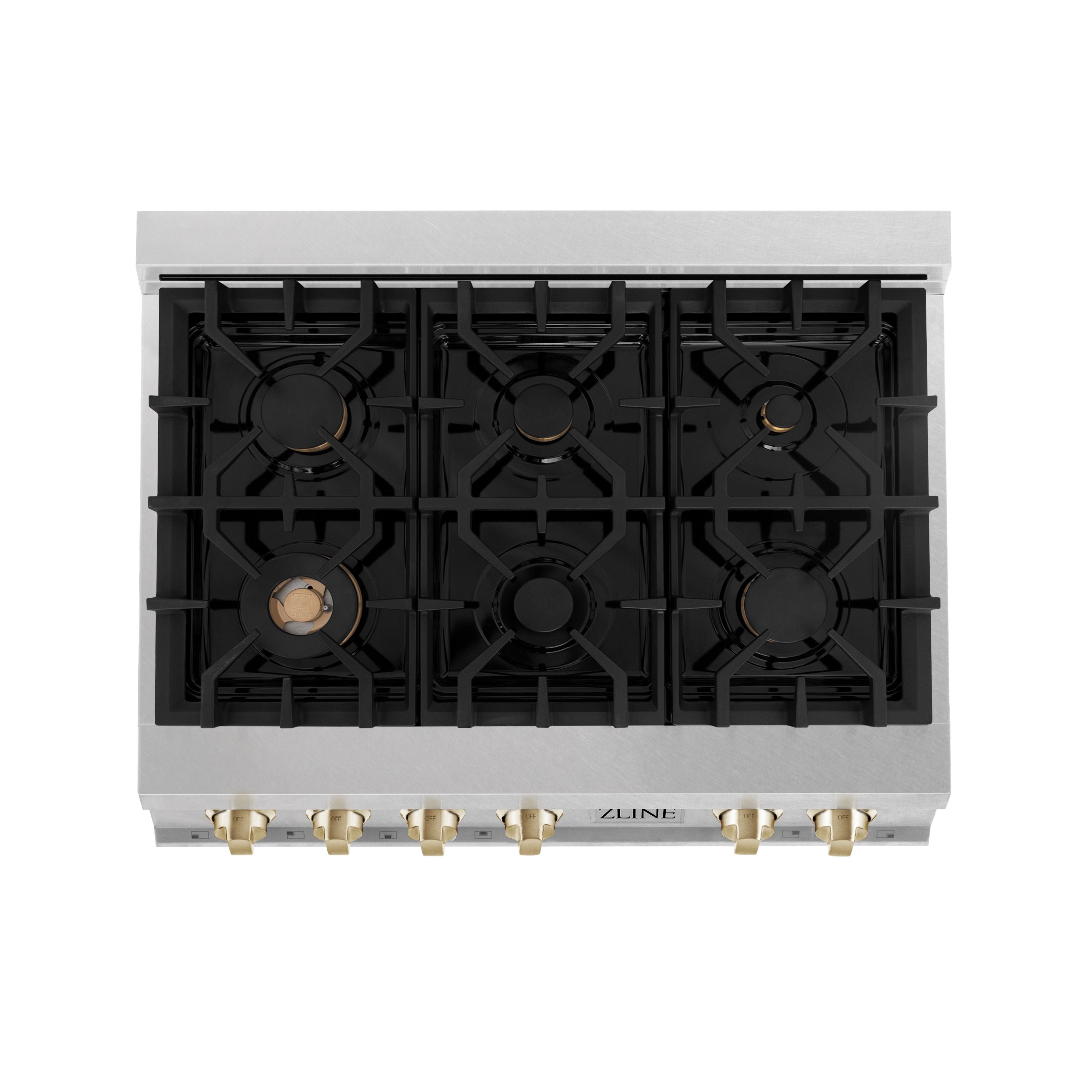 ZLINE Autograph 36" Legacy Gas Rangetop with 6 Burners and Porcelain Cooktop in Satin Stainless Steel with Polished Gold Accents, RTSZ-36-G