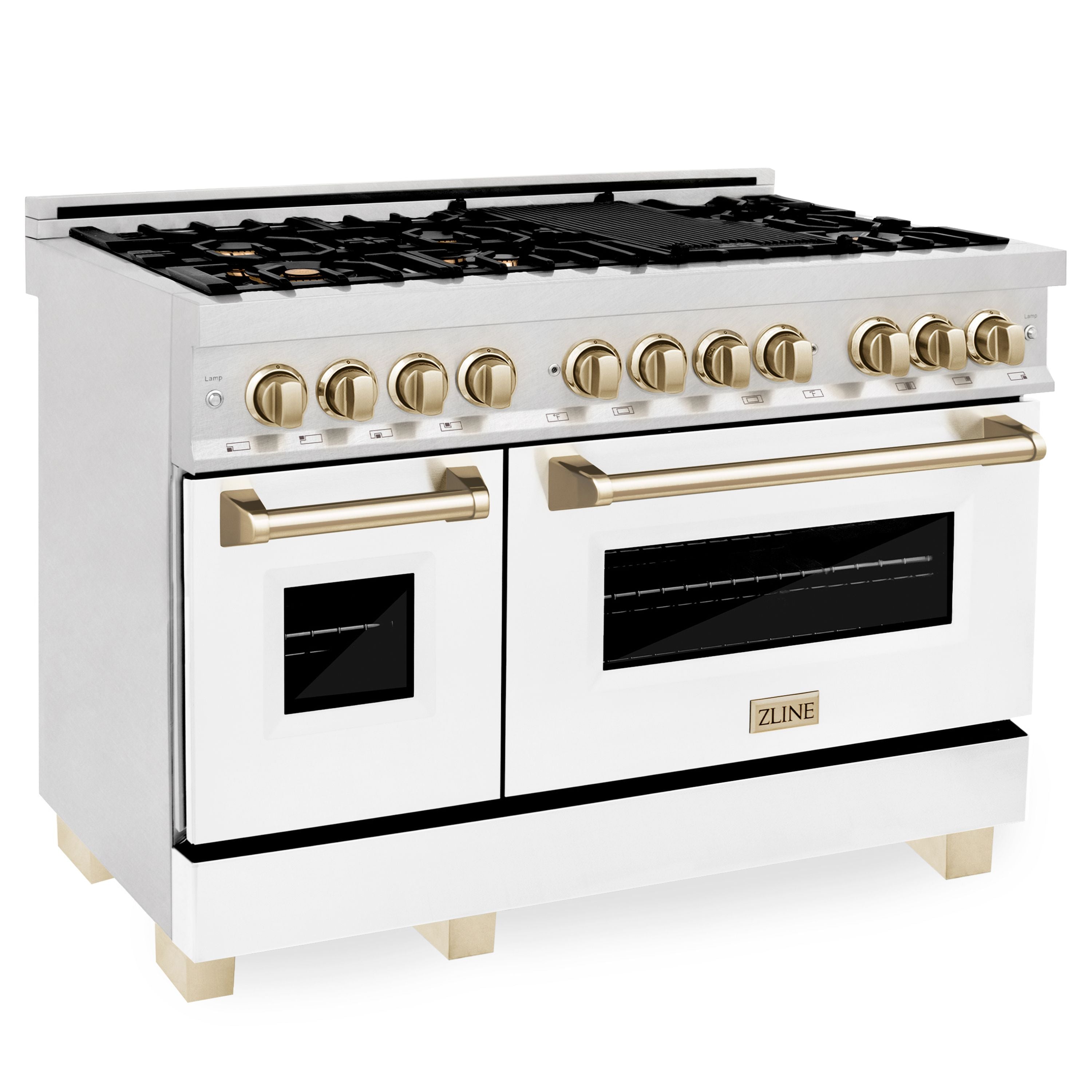 ZLINE Autograph 48 in. 6.0 cu. ft. Legacy Dual Fuel Range with 7 Gas Burners and Double Electric Ovens in Satin Stainless Steel with White Matte Doors and Polished Gold Accents (RASZ-WM-48-G)