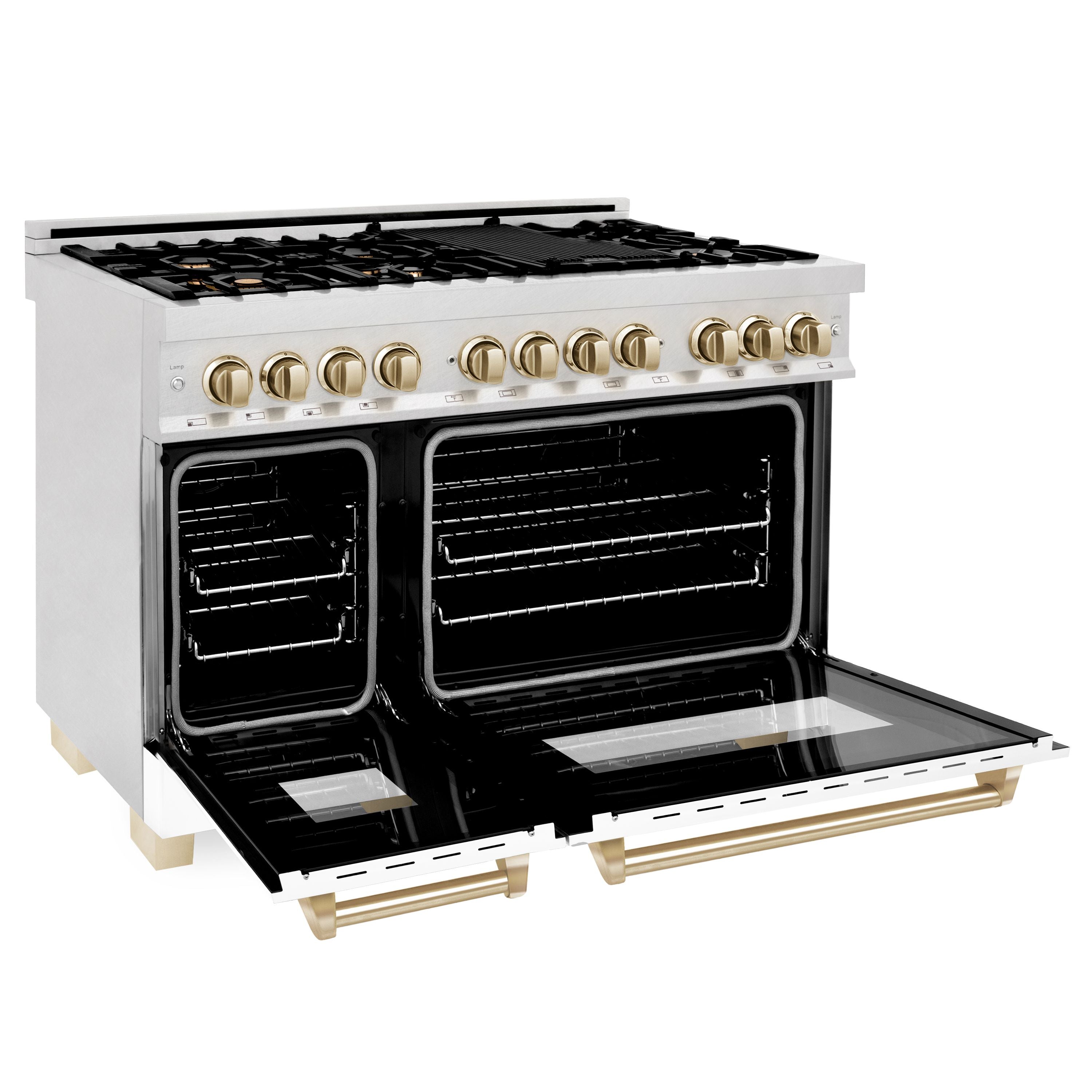ZLINE Autograph 48 in. 6.0 cu. ft. Legacy Dual Fuel Range with 7 Gas Burners and Double Electric Ovens in Satin Stainless Steel with White Matte Doors and Polished Gold Accents (RASZ-WM-48-G)