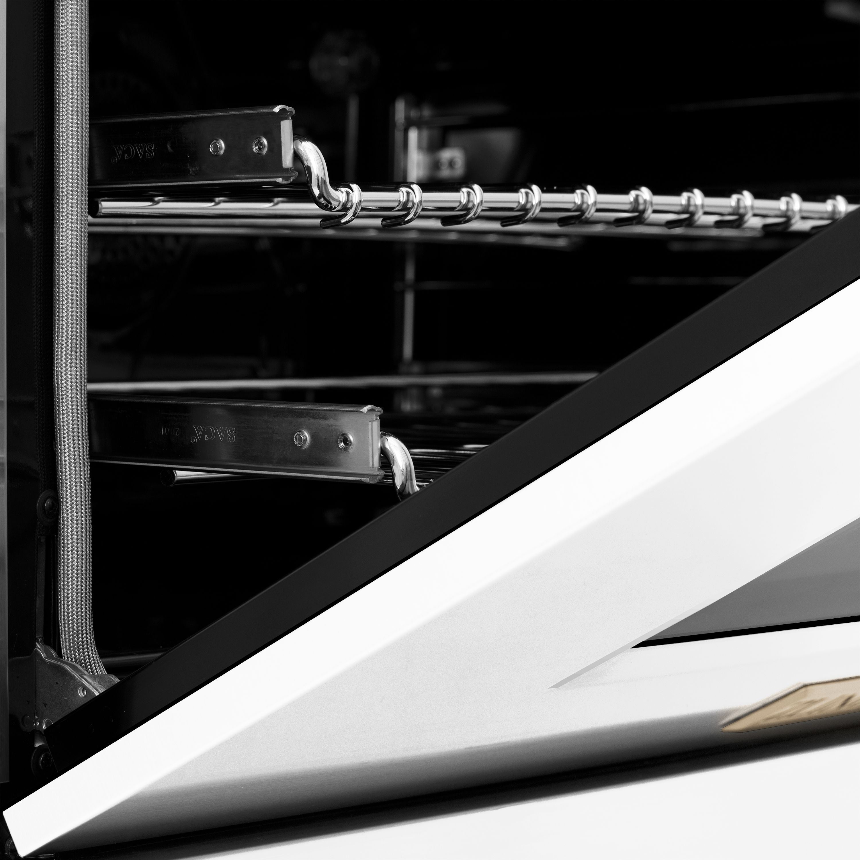 ZLINE Autograph 48 in. 6.0 cu. ft. Legacy Dual Fuel Range with 7 Gas Burners and Double Electric Ovens in Satin Stainless Steel with White Matte Doors and Polished Gold Accents (RASZ-WM-48-G)