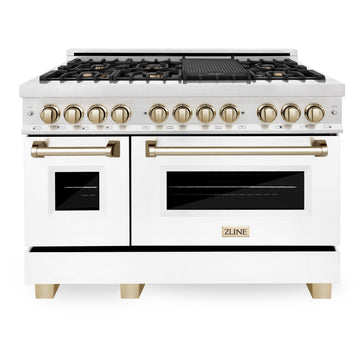 ZLINE Autograph 48 in. 6.0 cu. ft. Legacy Dual Fuel Range with 7 Gas Burners and Double Electric Ovens in Satin Stainless Steel with White Matte Doors and Polished Gold Accents (RASZ-WM-48-G)