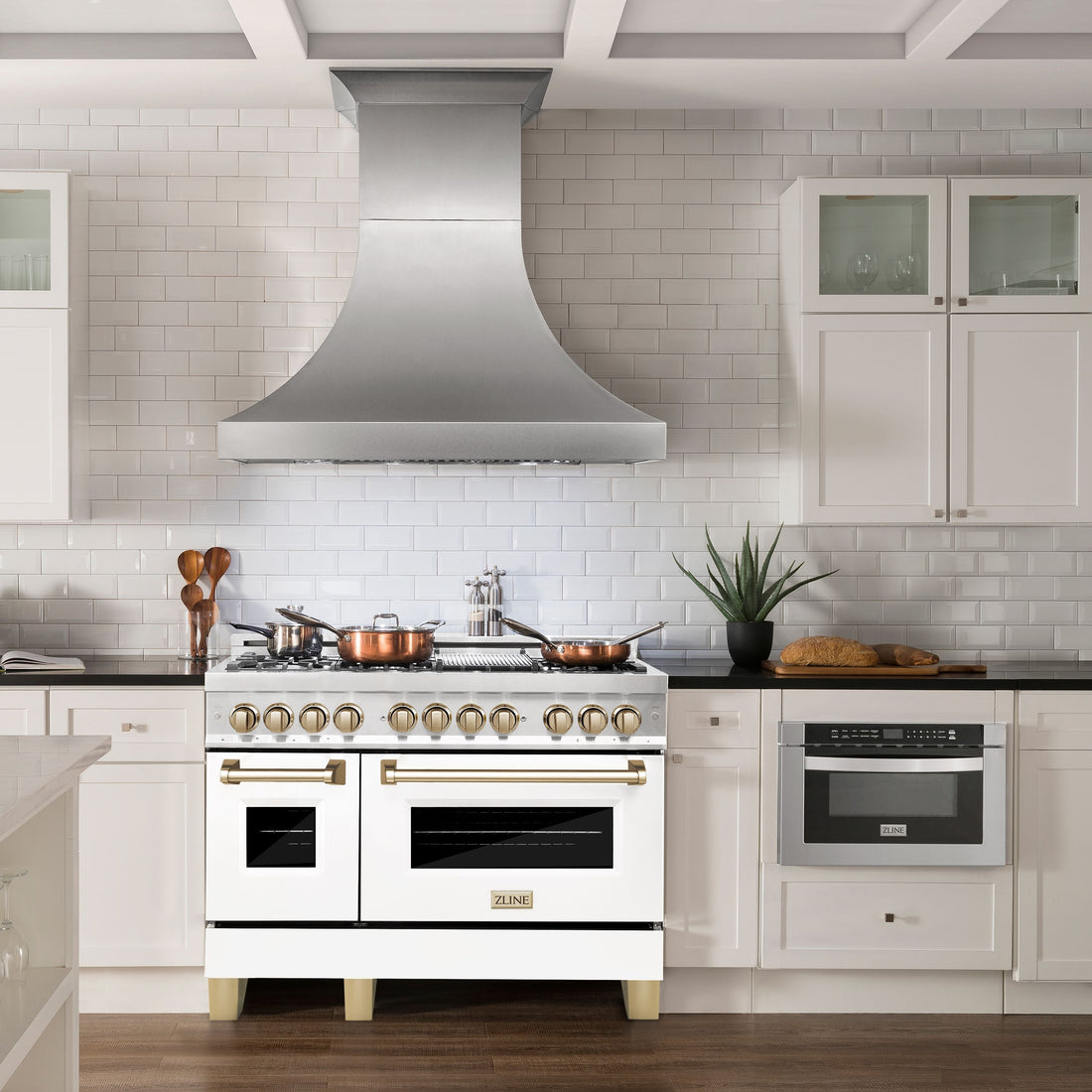 ZLINE Autograph 48 in. 6.0 cu. ft. Legacy Dual Fuel Range with 7 Gas Burners and Double Electric Ovens in Satin Stainless Steel with White Matte Doors and Polished Gold Accents (RASZ-WM-48-G)