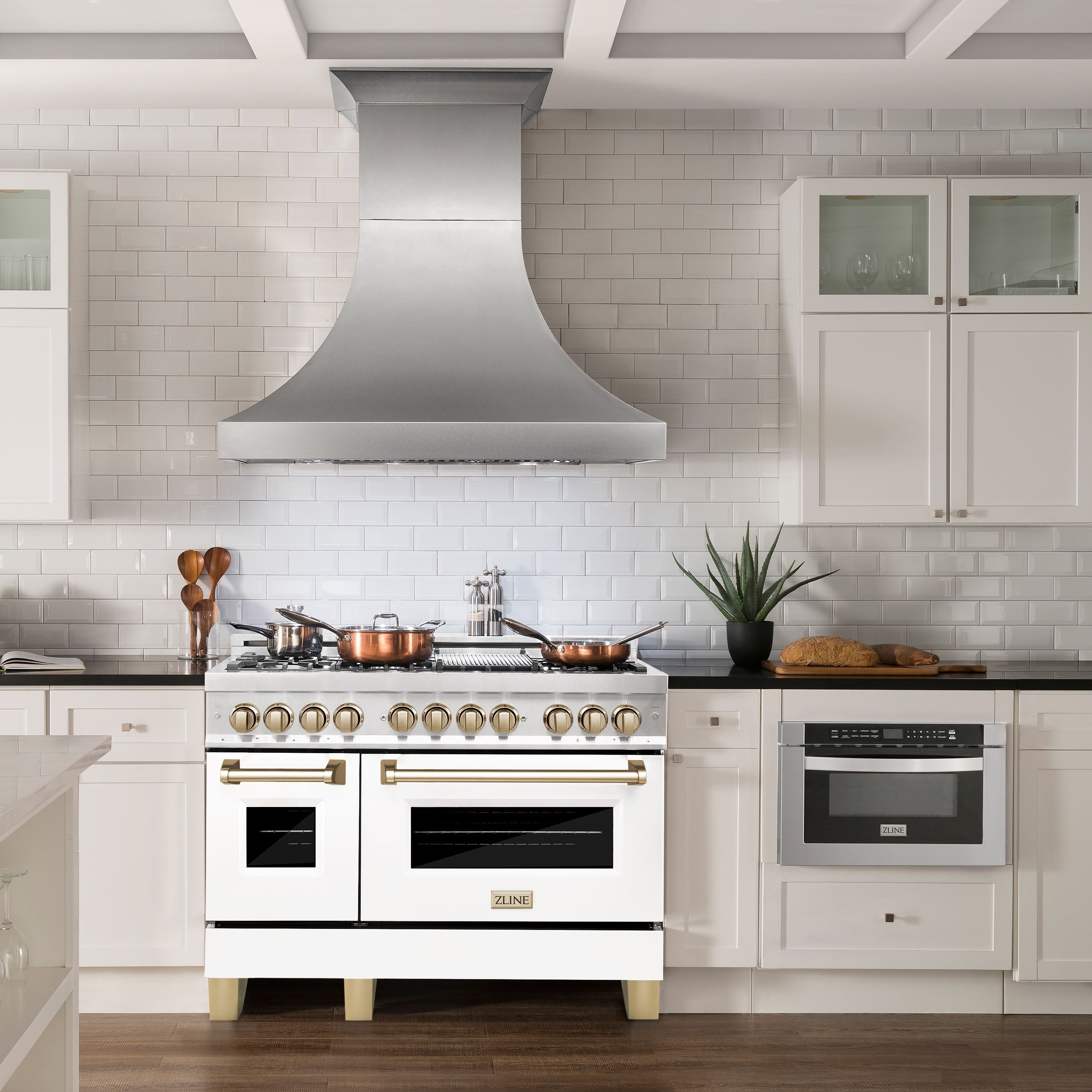 ZLINE Autograph 48 in. 6.0 cu. ft. Legacy Dual Fuel Range with 7 Gas Burners and Double Electric Ovens in Satin Stainless Steel with White Matte Doors and Polished Gold Accents (RASZ-WM-48-G)