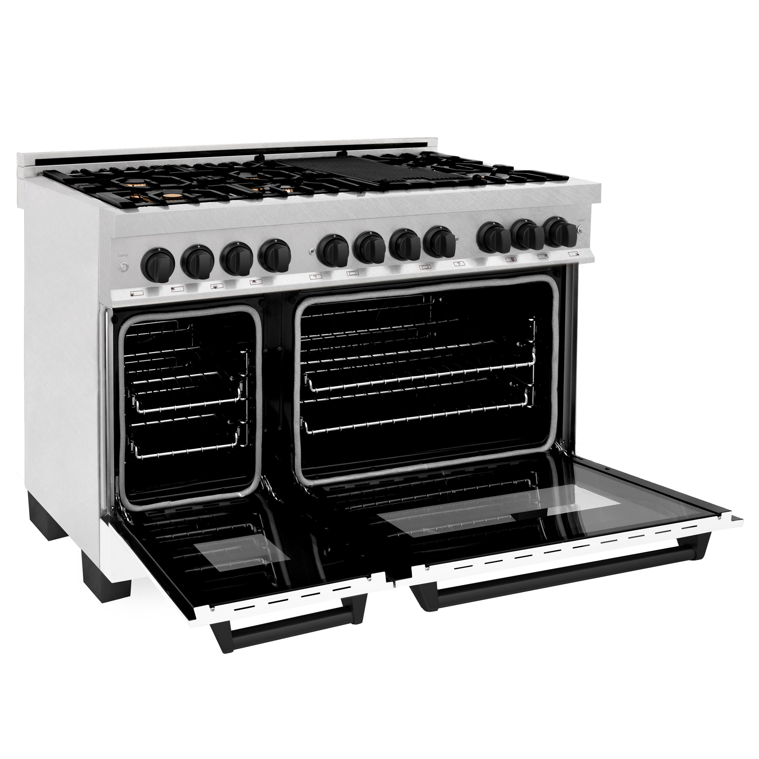 ZLINE Autograph Package - 48" Dual Fuel Range, Range Hood, Dishwasher in Satin Stainless Steel, Matte Black Accents