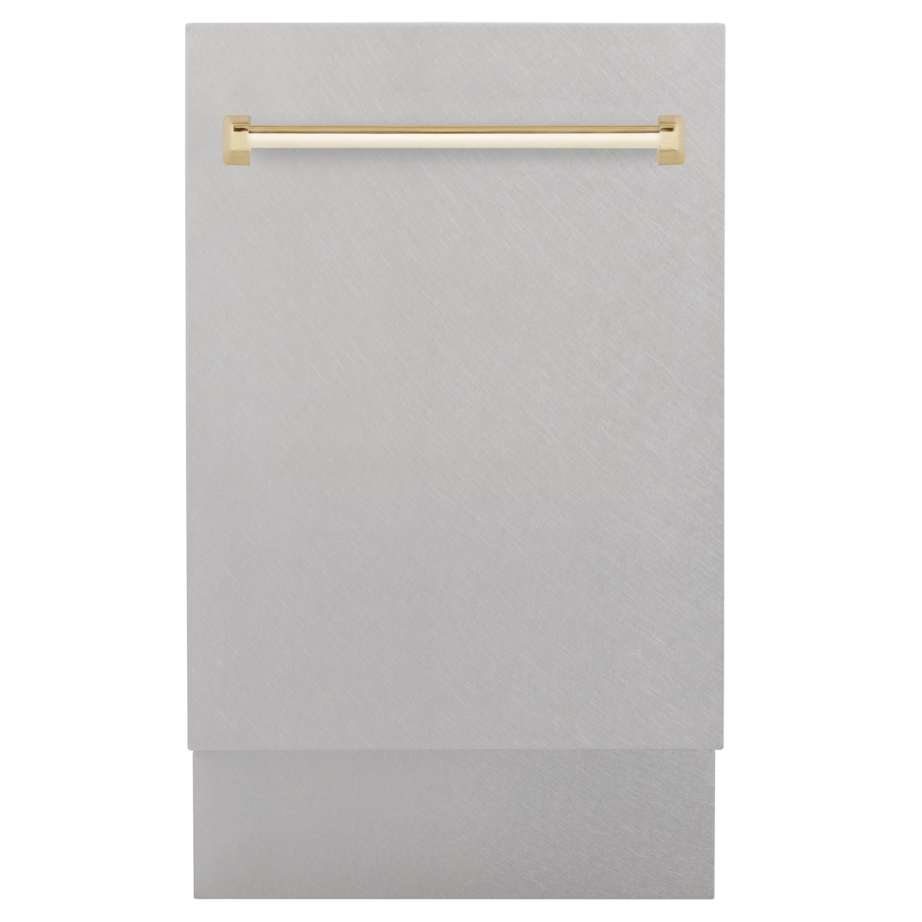 ZLINE Autograph 18" Tallac Series 3rd Rack Top Control Built-In Dishwasher with Satin Stainless Steel Panel and Polished Gold Handle, 51dBa, DWVZ-SN-18-G