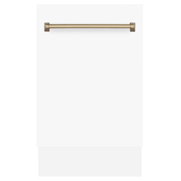 ZLINE Autograph Series 18 In. Dishwasher in White Matte with Champagne Bronze Handle, DWVZ-WM-18-CB