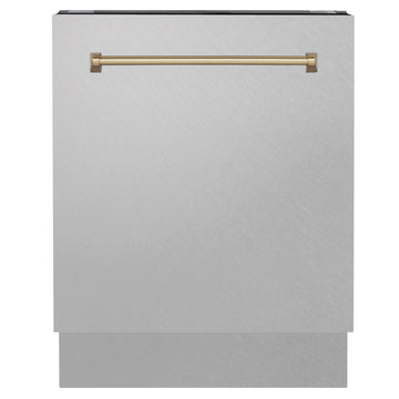 ZLINE Autograph Tallac Series 24-Inch Built-In Top Control Dishwasher with 3rd Rack, Tall Tub, Satin Stainless Steel Panel, Champagne Bronze Handle, 51 dBA, DWVZ-SN-24-CB