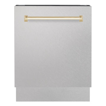 ZLINE Autograph Tallac Series 24-Inch Built-In Tall Tub Dishwasher with 3rd Rack, Top Controls, Satin Stainless Steel Panel, Polished Gold Handle, 51 dBA, DWVZ-SN-24-G