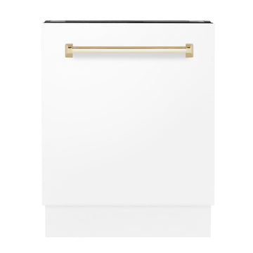 ZLINE Autograph Series 24" Tall Built-In Dishwasher, White Matte Finish, Gold Handle, Model DWVZ-WM-24-G