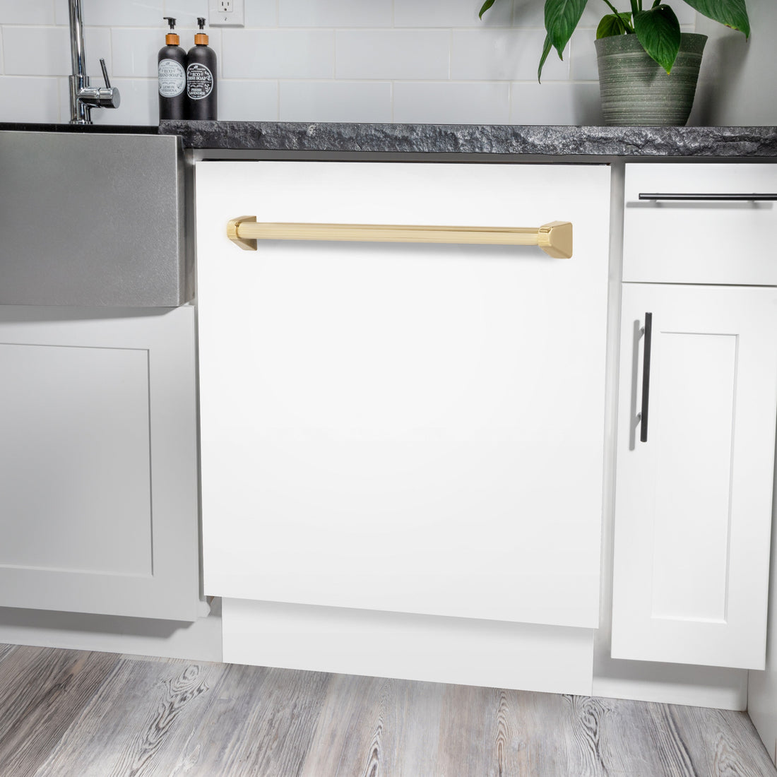 ZLINE Autograph Series 24" Tall Built-In Dishwasher, White Matte Finish, Gold Handle, Model DWVZ-WM-24-G