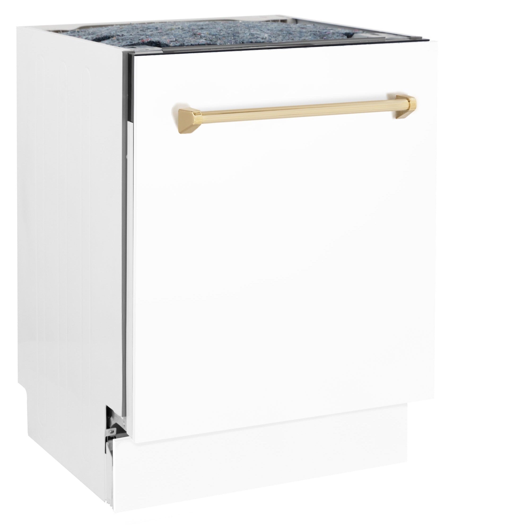ZLINE Autograph Series 24" Tall Built-In Dishwasher, White Matte Finish, Gold Handle, Model DWVZ-WM-24-G