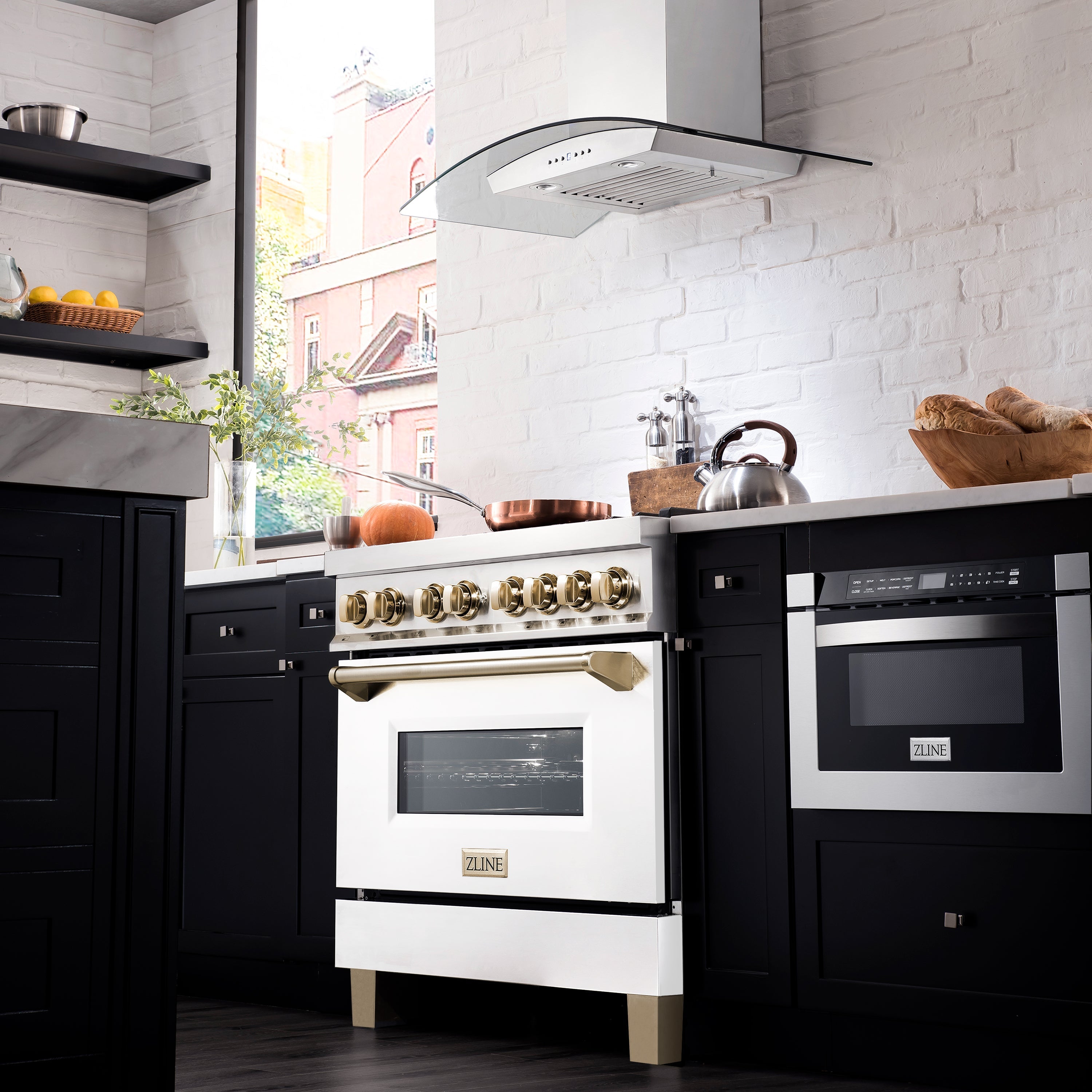 ZLINE Kitchen and Bath Autograph Edition 30 in. Dual Fuel Range, 4.0 cu. ft. Electric Convection Oven, 4 Gas Burners, White Matte Door with Gold Accents (Model RAZ-WM-30-G)