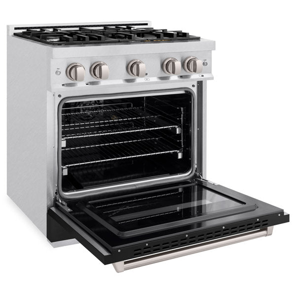 ZLINE 30 in. Classic Gas Range, 4 Burners, 4.2 cu. ft. Convection Gas Oven, Satin Stainless Steel with Black Matte Door (CGRS-BLM-30)
