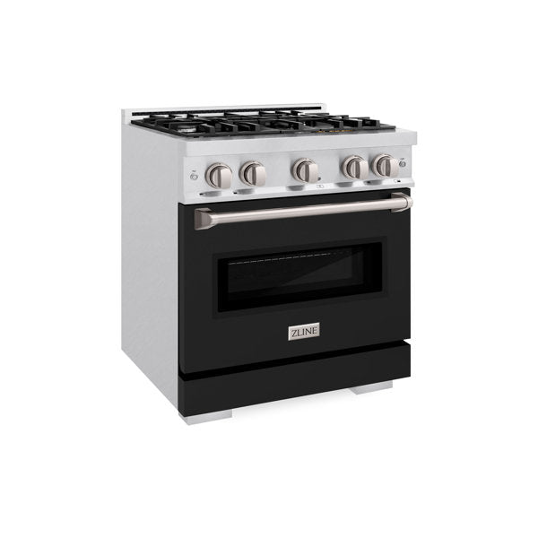 ZLINE 30 in. Classic Gas Range, 4 Burners, 4.2 cu. ft. Convection Gas Oven, Satin Stainless Steel with Black Matte Door (CGRS-BLM-30)