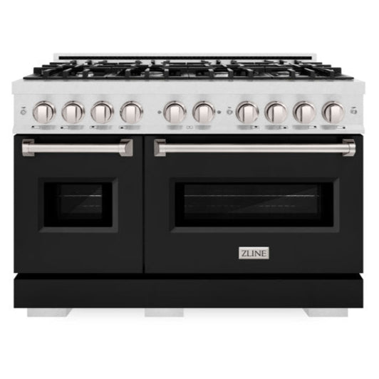 ZLINE 48 in. Gas Range Double Oven 6.7 cu. ft. 8 Burner Cooktop Satin Stainless Steel with Black Matte Doors (CGRS-BLM-48)