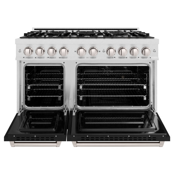 ZLINE 48 in. Gas Range Double Oven 6.7 cu. ft. 8 Burner Cooktop Satin Stainless Steel with Black Matte Doors (CGRS-BLM-48)
