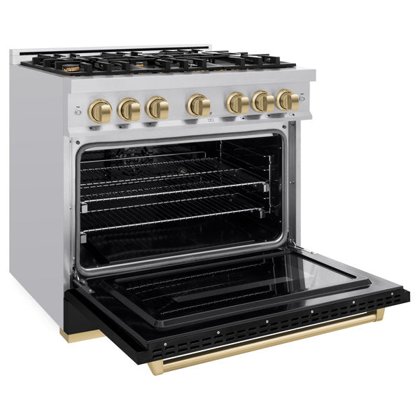 ZLINE Autograph Edition 36 in. Dual Fuel Range with 6 Gas Burners and Electric Convection Oven, Stainless Steel with Black Matte Door and Champagne Bronze Accents (CDRZ-BLM-36-CB)