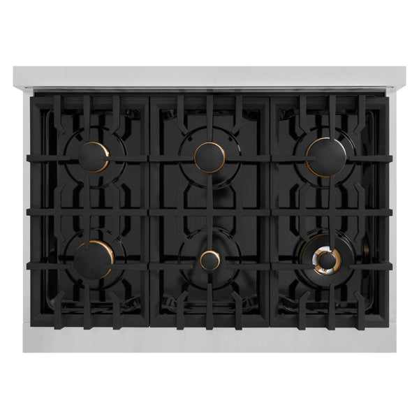 ZLINE 36 in. Classic Gas Range 5.2 cu. ft. 6 Burners Stainless Steel with Black Matte Door and Champagne Bronze Accents (CGRZ-BLM-36-CB)