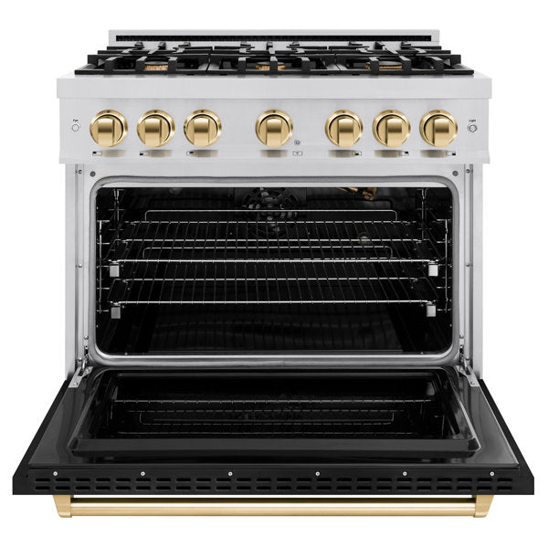 ZLINE 36 in. Classic Gas Range 5.2 cu. ft. 6 Burners Stainless Steel Black Matte Door Polished Gold Accents, MODEL CGRZ-BLM-36-G