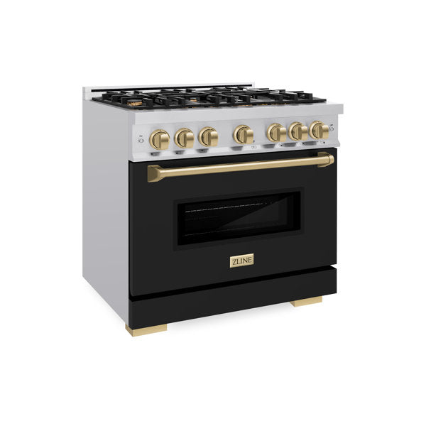 ZLINE 36 in. Classic Gas Range 5.2 cu. ft. 6 Burners Stainless Steel with Black Matte Door and Champagne Bronze Accents (CGRZ-BLM-36-CB)