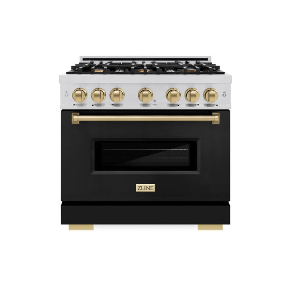 ZLINE 36 in. Classic Gas Range 5.2 cu. ft. 6 Burners Stainless Steel with Black Matte Door and Champagne Bronze Accents (CGRZ-BLM-36-CB)