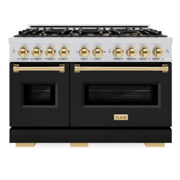 ZLINE 48 in. Dual Fuel Range 6.7 cu. ft. Double Oven 8 Burner Cooktop Stainless Steel with Black Matte Doors and Polished Gold Accents (CDRZ-BLM-48-G)