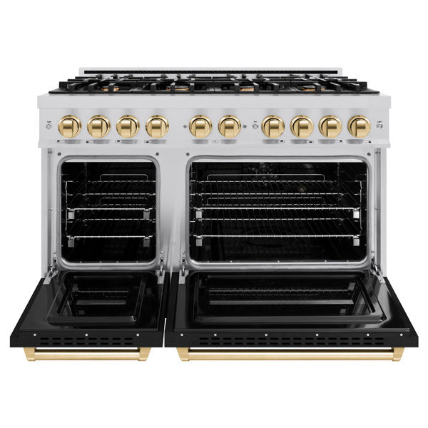 ZLINE 48 in. Dual Fuel Range 6.7 cu. ft. Double Oven 8 Burner Cooktop Stainless Steel with Black Matte Doors and Polished Gold Accents (CDRZ-BLM-48-G)