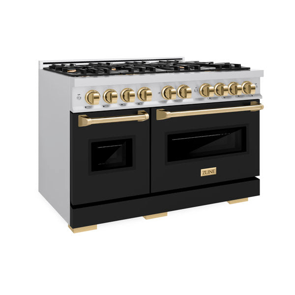 ZLINE 48 in. Dual Fuel Range 6.7 cu. ft. Double Oven 8 Burner Cooktop Stainless Steel with Black Matte Doors and Polished Gold Accents (CDRZ-BLM-48-G)