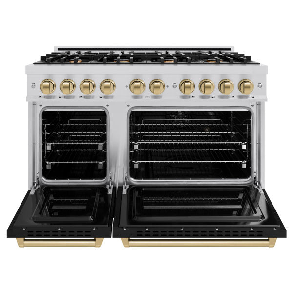ZLINE 48 in. Gas Range Double Oven 6.7 cu. ft. 8 Burners Stainless Steel Black Matte Doors Champagne Bronze Accents (CGRZ-BLM-48-CB)