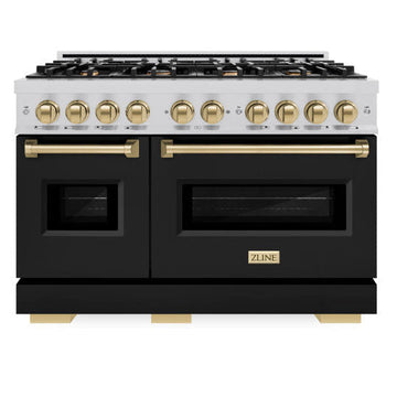 ZLINE 48 in. Gas Range Double Oven 6.7 cu. ft. 8 Burners Stainless Steel Black Matte Doors Champagne Bronze Accents (CGRZ-BLM-48-CB)