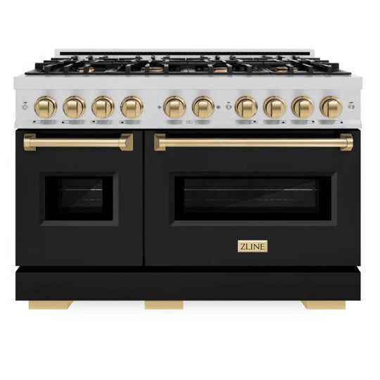 ZLINE 48 in. Gas Range Double Oven 6.7 cu. ft. 8 Burners Stainless Steel Black Matte Doors Champagne Bronze Accents (CGRZ-BLM-48-CB)