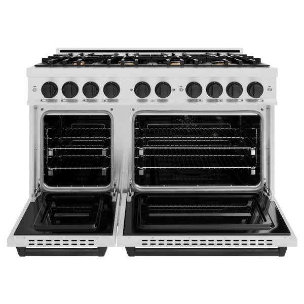 ZLINE Autograph Edition 48 in. Classic Double Oven Gas Range with 8 Burners, 6.7 cu. ft., Satin Stainless Steel with Matte Black Accents (CGRSZ-48-MB)