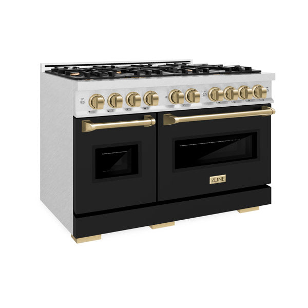 ZLINE 48 in. Gas Range 6.7 cu. ft. Double Oven 8 Burner Cooktop Satin Stainless Steel Black Matte Doors Champagne Bronze Accents (CGRSZ-BLM-48-CB)
