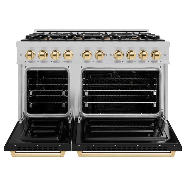 ZLINE 48 in. Double Oven Gas Range 6.7 cu. ft. 8 Burners Satin Stainless Steel Black Matte Doors Polished Gold Accents (CGRSZ-BLM-48-G)