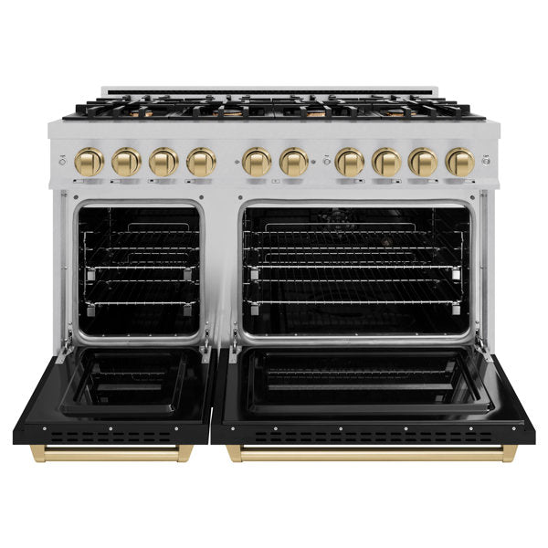 ZLINE 48 in. Gas Range 6.7 cu. ft. Double Oven 8 Burner Cooktop Satin Stainless Steel Black Matte Doors Champagne Bronze Accents (CGRSZ-BLM-48-CB)