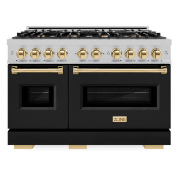 ZLINE 48 in. Double Oven Gas Range 6.7 cu. ft. 8 Burners Satin Stainless Steel Black Matte Doors Polished Gold Accents (CGRSZ-BLM-48-G)