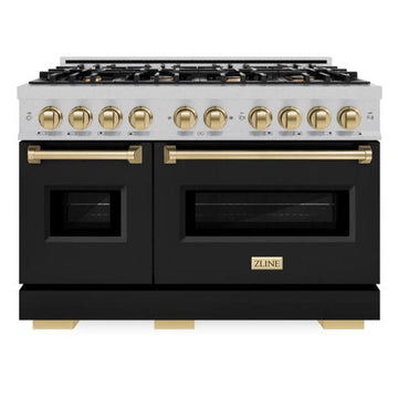 ZLINE 48 in. Gas Range 6.7 cu. ft. Double Oven 8 Burner Cooktop Satin Stainless Steel Black Matte Doors Champagne Bronze Accents (CGRSZ-BLM-48-CB)