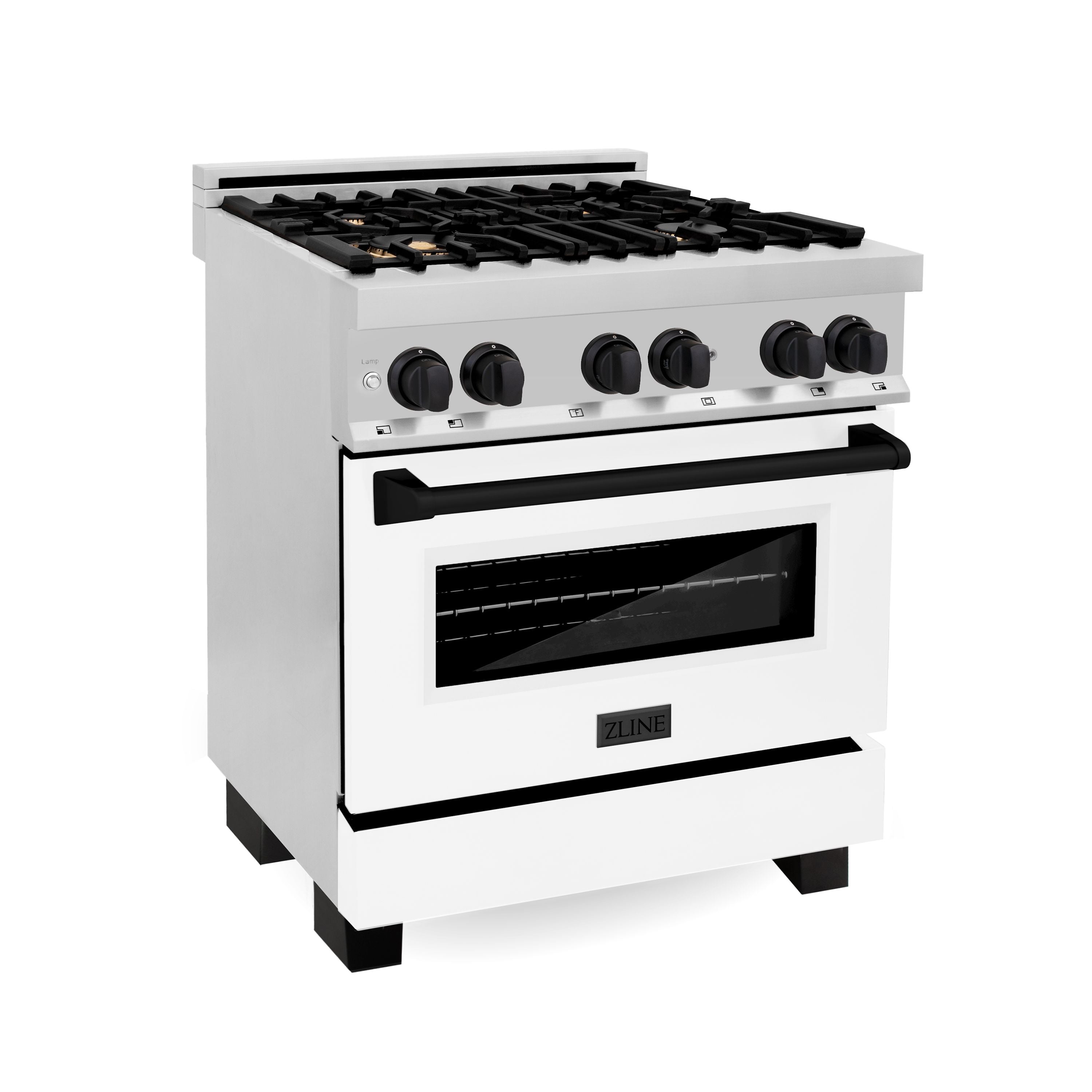 ZLINE Autograph 30 in. Dual Fuel Range 4.0 cu. ft. Gas Cooktop with Electric Convection Oven, White Matte Door and Black Matte Accents (RAZ-WM-30-MB)
