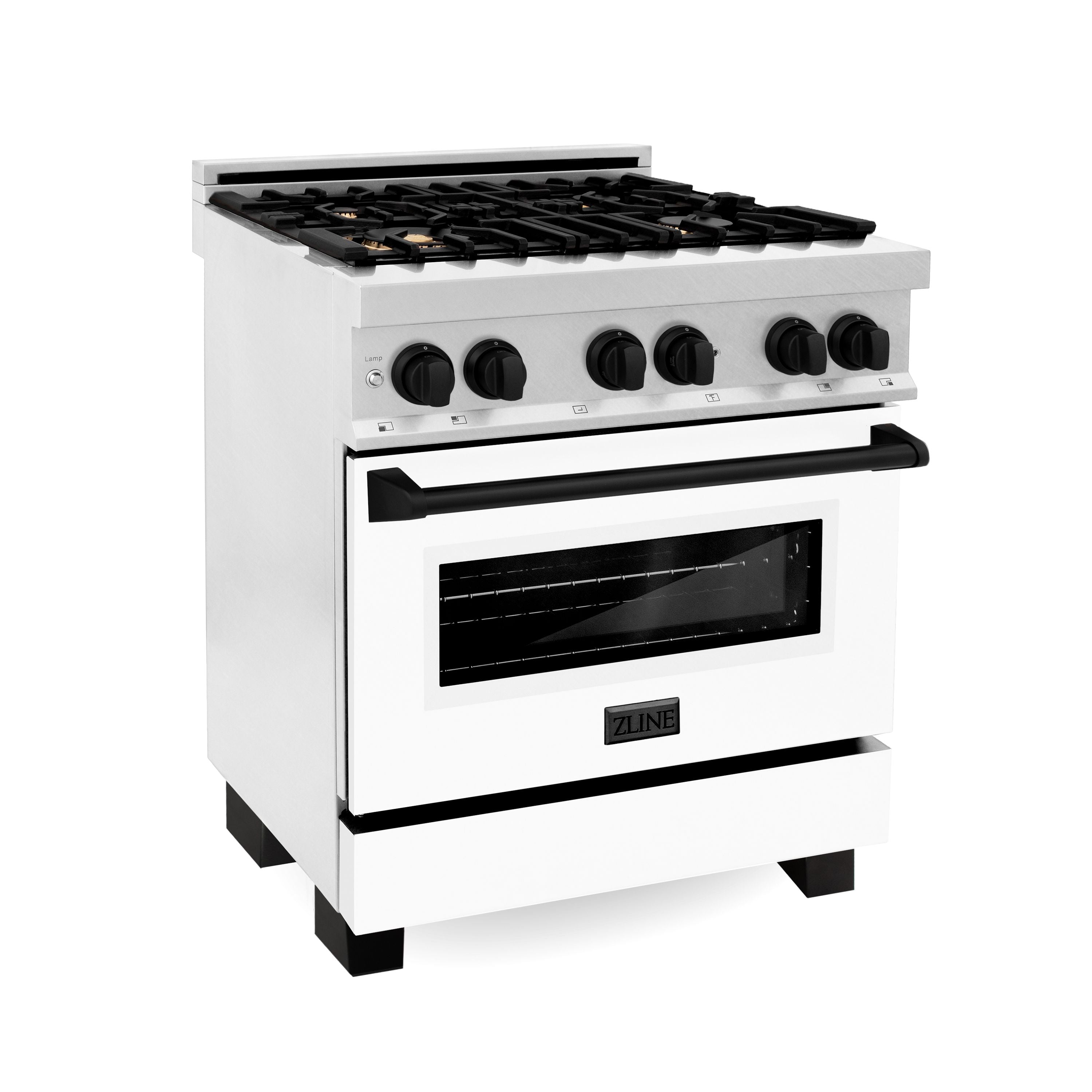 ZLINE Autograph Edition 30 in. 4.0 cu. ft. Legacy Dual Fuel Range with 4-Burner Gas Cooktop and Electric Convection Oven in Satin Stainless Steel with White Matte Door and Matte Black Accents (RASZ-WM-30-MB)