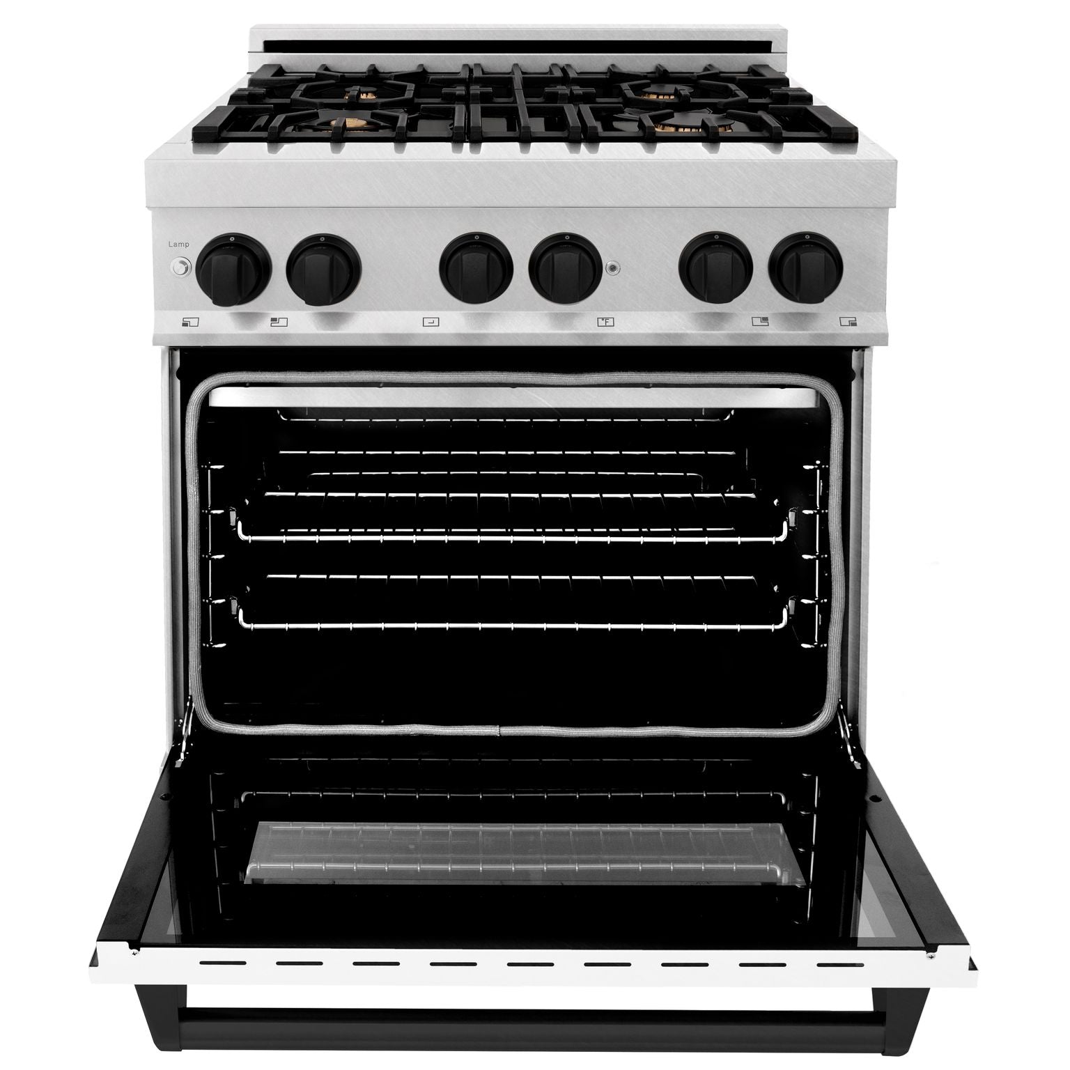ZLINE Autograph Edition 30 in. 4.0 cu. ft. Legacy Dual Fuel Range with 4-Burner Gas Cooktop and Electric Convection Oven in Satin Stainless Steel with White Matte Door and Matte Black Accents (RASZ-WM-30-MB)