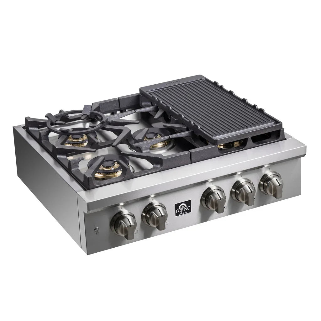 Forno Spezia 30-Inch Gas Rangetop with 5 Burners, Wok Ring and Griddle, Stainless Steel (Model FCTGS5751-30)