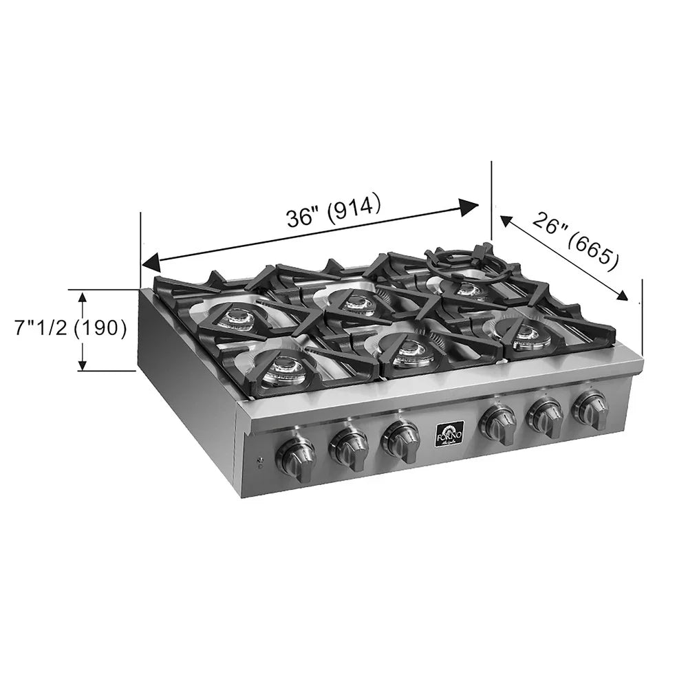 Forno Spezia 36-Inch Gas Rangetop with 6 Burners, Wok Ring, Griddle, Stainless Steel (FCTGS5751-36)