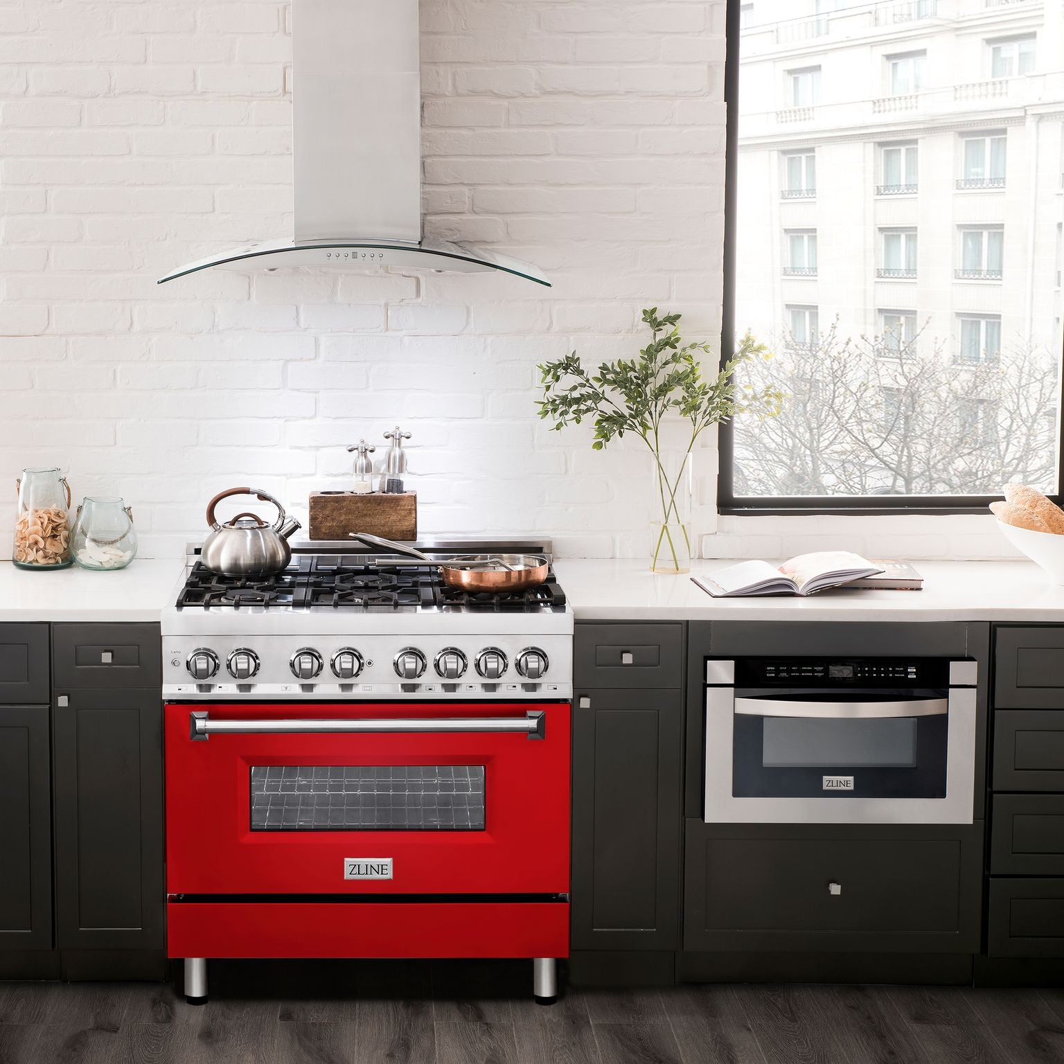ZLINE 36 in. Dual Fuel Range with 6-Burner Gas Cooktop and Electric Convection Oven in Stainless Steel with Red Matte Door (RA-RM-36)