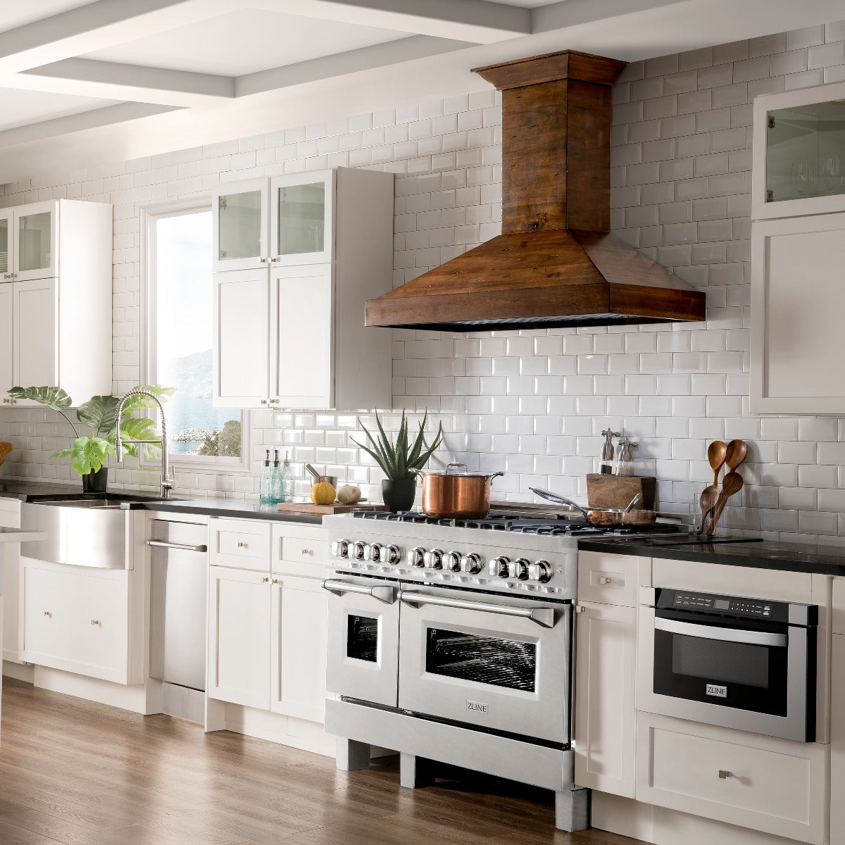 ZLINE 48 in Dual Fuel Range with 6 Sealed Brass Burners, Double Electric Convection Ovens, Satin Stainless Steel Door, 6.0 cu. ft. Total Capacity (RAS-SN-BR-48)
