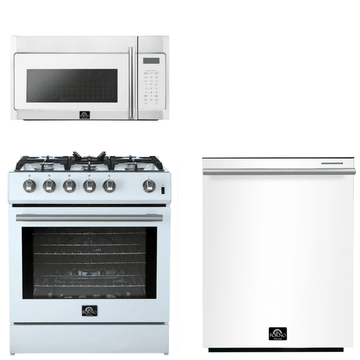FORNO Espresso Package - 30" Gas Range, Over-The-Range Microwave and Dishwasher in White with Stainless Steel Accents, AP3-1116WHT-S10