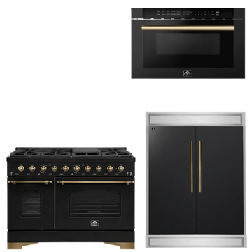 FORNO Espresso Package - 48" Dual Fuel Range, Dishwasher, Microwave in Black with Antique Brass Accents
