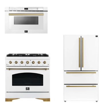 FORNO Espresso Package - 36" Dual Fuel Range, 36" Refrigerator, Microwave in White with Antique Brass Accents