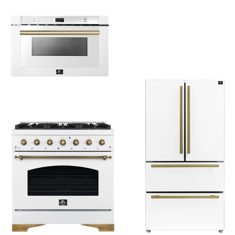 FORNO Espresso Package - 36" Dual Fuel Range, 36" Refrigerator, Microwave in White with Antique Brass Accents
