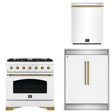 FORNO Espresso Package - 36" Dual Fuel Range, 60" Refrigerator, Dishwasher in White with Antique Brass Accents